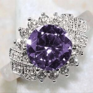 Silver Ring with Purple Gemstone and Crystal Accents